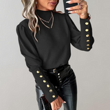 Damen Ärmel mit Knopfdesign Lang Shirt – Schwarz