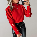 Damen Ärmel mit Knopfdesign Lang Shirt – Rot