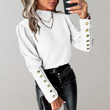 Damen Ärmel mit Knopfdesign Lang Shirt – Weiß