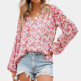 Damenbluse – Baumwollmix – Blumenmuster – Puffärmel – Sommerdesign – Rosa