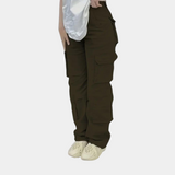 Damen Hohe Taille mit Taschen Cargo-Hose – Armeegrün