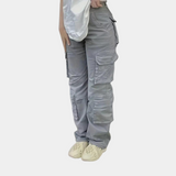 Damen Hohe Taille mit Taschen Cargo-Hose – Grau