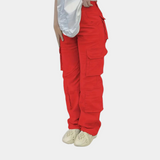 Damen Hohe Taille mit Taschen Cargo-Hose – Rot