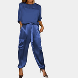 Danika - Elegantes Satin-Chic-Set [Oberteil+Hose] – Blau