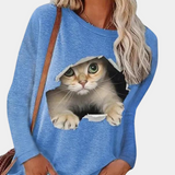 Damenbluse mit katzenprint – Blau