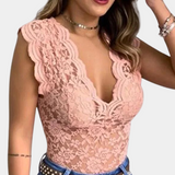 Damen-Body aus Spitze mit tiefem V-Ausschnitt und Mesh-Einsatz – Rosa