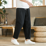 Herren Verstellbar Locker Geschnitten Leinenhose – Schwarz