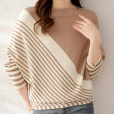 Oleda - gemütlicher gestreifter fledermaus-pullover für frauen – Khaki