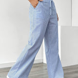 Sunnyi – Lässige Gestreifte Hose Mit Weitem Bein – Blau