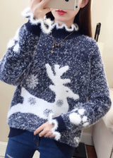 Yaretzi – lässiger Pullover mit Rüschen und dicker Nerzhaar-Stickerei – Blau