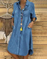 Brenda - Denim Langarmhemdkleid mit Brusttasche – Blau