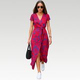 Eva | Stilvolles V-Ausschnitt-Kleid – Rot und Blau