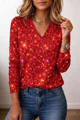 Damen Top | Langarm mit V-Ausschnitt und Spitzenstruktur – Rot