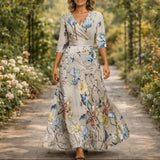 Denise | Damen Blumenkleid V-Ausschnitt Fließend Sommer – Grau