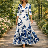 Denise | Damen Blumenkleid V-Ausschnitt Fließend Sommer – Blau