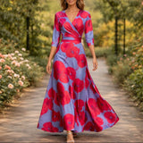 Denise | Damen Blumenkleid V-Ausschnitt Fließend Sommer – Rot