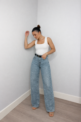 Damen Hose | Hoch geschnittene Ausführung mit Glitzerakzenten – Blau
