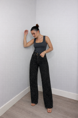 Damen Hose | Hoch geschnittene Ausführung mit Glitzerakzenten – Schwarz