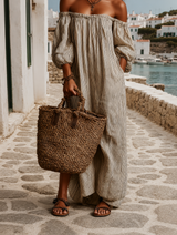 Malin| Luftiges Maxikleid mit langen Ärmeln – Beige