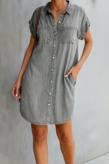 Maxi Jeanskleid Damen – Sommer Kleid mit Knopfleiste & Brusttaschen – Grau