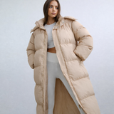 Damen Jacke | lange Ausführung mit Kapuze und Frontverschluss – Beige