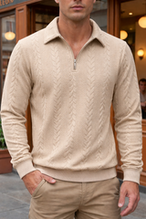 Ethan - Texturiertes Poloshirt mit 1/4-Reißverschluss – Khaki