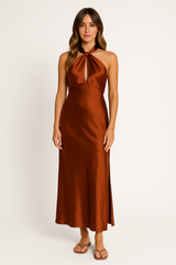 Damen Halter Maxi Party Abendkleid – Braun