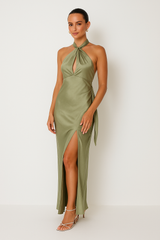 Damen Halter Maxi Party Abendkleid – Olivgrün
