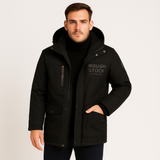 Friedrich | Herren Winter-Fleecejacke mit Kapuze und Reißverschluss – Schwarz