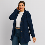 Marlena | Damen Knopf-Front Teddy Hoodie Mantel für Herbst & Winter – Marineblau