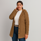 Marlena | Damen Knopf-Front Teddy Hoodie Mantel für Herbst & Winter – Braun