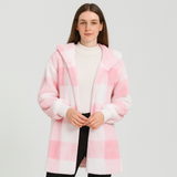 Ava | Damen Fleece-Cardigan mit Kapuze und Karomuster – Rosa