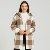 Ava | Damen Fleece-Cardigan mit Kapuze und Karomuster – Khaki