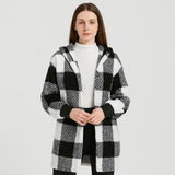 Ava | Damen Fleece-Cardigan mit Kapuze und Karomuster – Schwarz