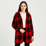 Ava | Damen Fleece-Cardigan mit Kapuze und Karomuster – Rot