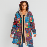Selene | Bohemian Patchwork Wintermantel mit Kapuze – Leuchtend blau