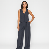 Elegantes 2-teiliges Set für Damen – Ärmelloses Top mit V-Ausschnitt und passende einfarbige Hose – Dunkelgrau