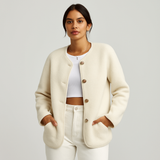 Serenna | Damen Wolloptik Mantel mit Rundhalsausschnitt – Beige