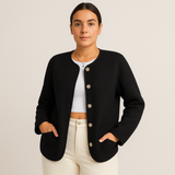 Serenna | Damen Wolloptik Mantel mit Rundhalsausschnitt – Schwarz
