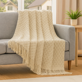 Weiche, gemütliche Überwurfdecke im Vintage-Stil mit geometrischem Muster für Couch und Bett – Beige
