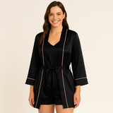 3-teiliges Satin-Pyjama-Set für Damen – Schwarz