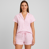 2-teiliges Damen-Pyjama-Set – Hemd zum Knöpfen und Shorts mit elastischer Taille – Rosa