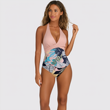 Viola – Neckholder-Badeanzug mit V-Ausschnitt und Print – Rosa