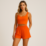 Geripptes Camisole- und Shorts-Set für Damen – Lässiges 2-teiliges Lounge-Outfit – Orange