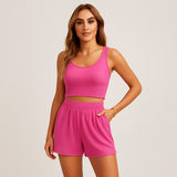 Geripptes Camisole- und Shorts-Set für Damen – Lässiges 2-teiliges Lounge-Outfit – Magenta