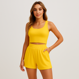Geripptes Camisole- und Shorts-Set für Damen – Lässiges 2-teiliges Lounge-Outfit – Gelb
