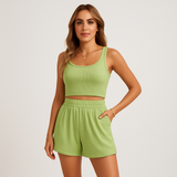 Geripptes Camisole- und Shorts-Set für Damen – Lässiges 2-teiliges Lounge-Outfit – Matcha