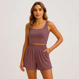 Geripptes Camisole- und Shorts-Set für Damen – Lässiges 2-teiliges Lounge-Outfit – Dunkelviolett