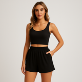 Geripptes Camisole- und Shorts-Set für Damen – Lässiges 2-teiliges Lounge-Outfit – Schwarz