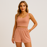 Geripptes Camisole- und Shorts-Set für Damen – Lässiges 2-teiliges Lounge-Outfit – Rosa